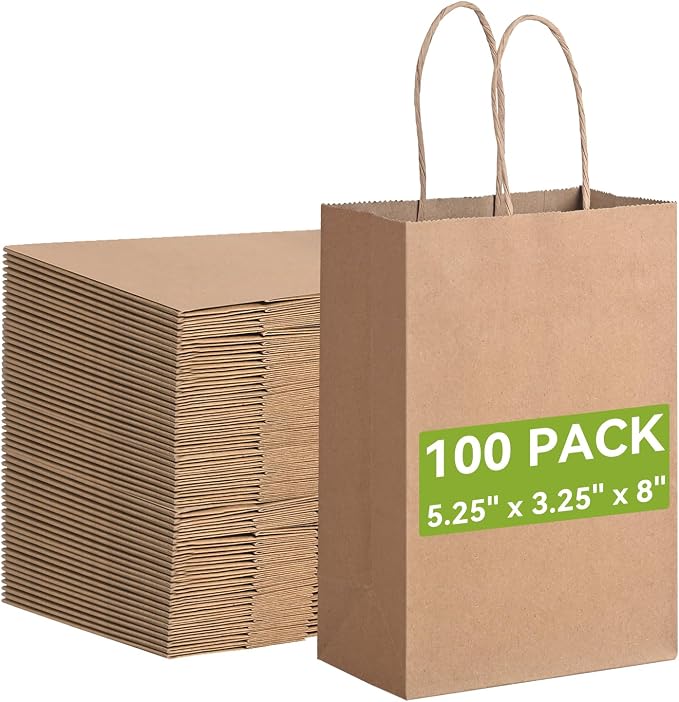 100 Pack Small Paper Gift Bags with Handles, 5.25 x 3.25 x 8 Inch, Brown | Kraft Material, Bulk Pack for Craft, Shopping, Business, Retail, Party Favor, Birthday and Grocery Use by Brothersbox
