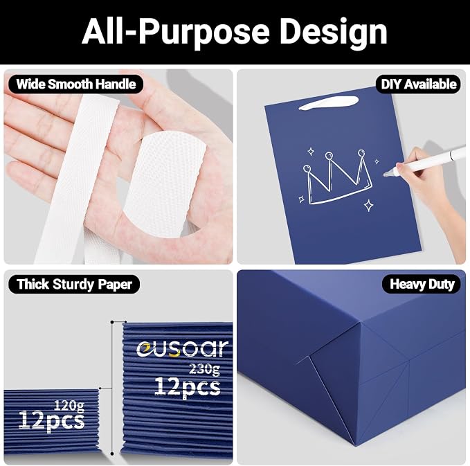 EUSOAR Paper Gift Bags with Handles, 12pcs 9.8"x5.1"x12.6" Navy Blue Kraft Paper Shopping Bags, Party Favors Grocery Retail Shopping Paper Bag Wedding Birthday Party Favors, Grocery Retail Craft Bag - Image 3