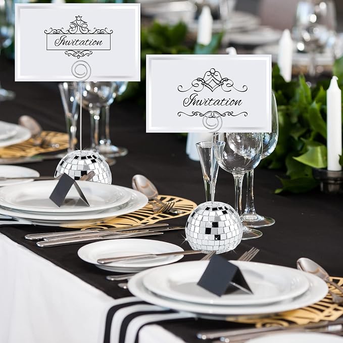 Maitys 20 Set Disco Ball Table Number Holders Silver,60pcs/20 Set,2 Inch | Swirl Wire Clips for Place Cards, Name Tags, Photo Stand, Wedding Bachelorette Party Decor, Includes 40 Blanks for Guests - Image 4