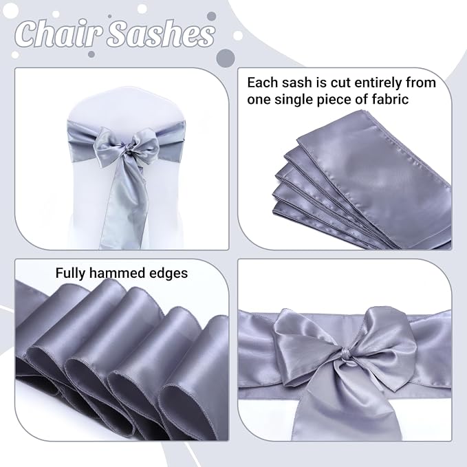 VDS Satin Chair Sashes Chair Cover Back Tie Sateen Bows Ribbon for Wedding Birthday Graduation Engagement Ceremony Event Party Banquet Venue Hotel All Dining Chair Décor (150PC)(Light Silver Grey) - Image 5