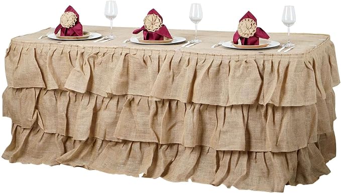 Efavormart 3 Tier Rustic Elegant Ruffled Burlap Table Skirt for Kitchen Dining Catering Wedding Party Decorations Events - 17 Ft - Image 3