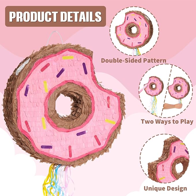 WERNNSAI Donut Piñata - Pink Donut Pinata with String Birthday Party Decorations Piñata with Stick Blindfold for Girls Kids Dount Pull String Pinata Family Games Birthday Party Supplies