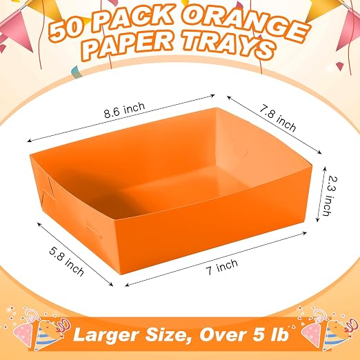 Uiifan 50 Pcs 5 lb Extra Large Paper Food Trays Disposable Food Boat Nacho Plate Serving Snack Trays Grease Resistant Self-assembly for Back to School Party Birthday Wedding Supply (Orange) - Image 3