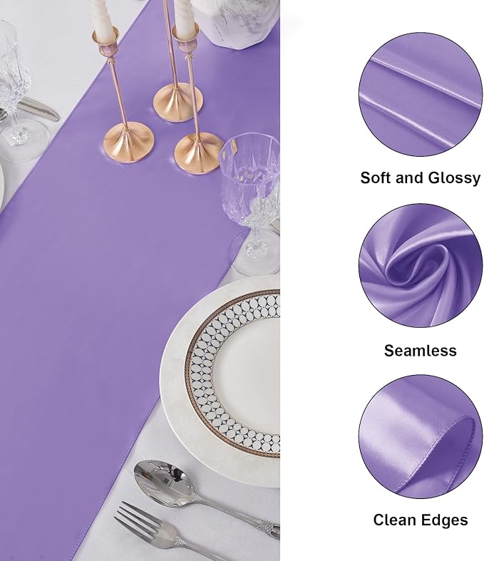 12Pack Table Runner 12 x 108 Inches Satin Silk Table Runner for Wedding, Birthday Party, Banquets, Graduations Decoration, fit Rectange and Round Table-Lavender - Image 3