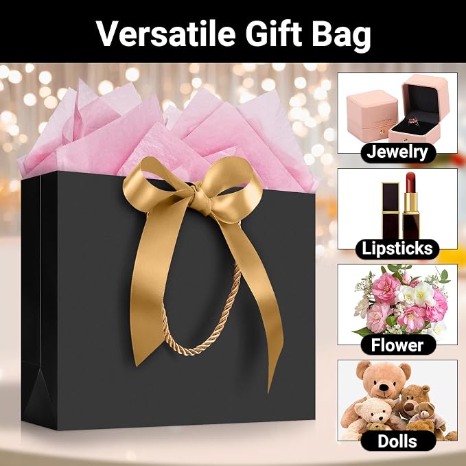 EUSOAR Gift Bags With Ribbon, 12pcs 10.6"x3.1"x8.3" Black Kraft Thank You Paper Bags With Bow Ribbon Handle, Shopping Welcome Gift Treat Bag for Wedding Baby Shower Guests Bridal - Image 3