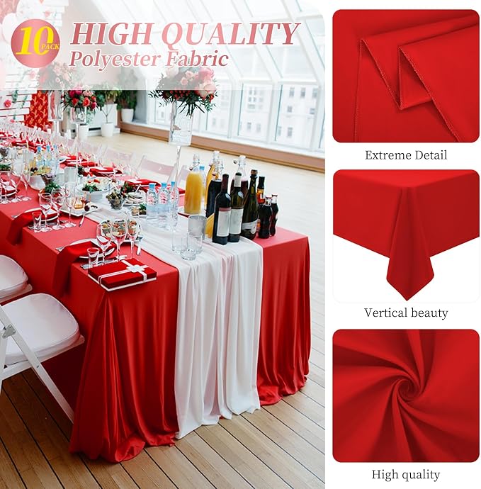 Teruntrue 10 Packs Red Polyester Tablecloth 60 x 102 inch Rectangle Table Cloth for 6 Foot Tables Wrinkle Resistant Washable Fabric Table Cover Polyester Red Table Cloth for Party,Wedding, Banquet - Image 3