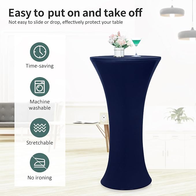 Wolkemer 4PCS 32x43 Inch Fitted Cocktail Tablecloth, Cocktail Table Cover | Navy Blue Round Cocktail Table Cloth, Highboy Stretch Spandex Table Cover for Bar Party Pub Wedding Banquet Indoor Outdoor - Image 5