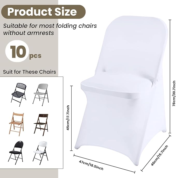 White Folding Chair Covers 10PCS Spandex Stretch Slipcovers | Universal Fitted Chair Cover Protector,Stretch Chair Covers for Wedding,Party, Banquet, Holidays, Celebration - Image 5