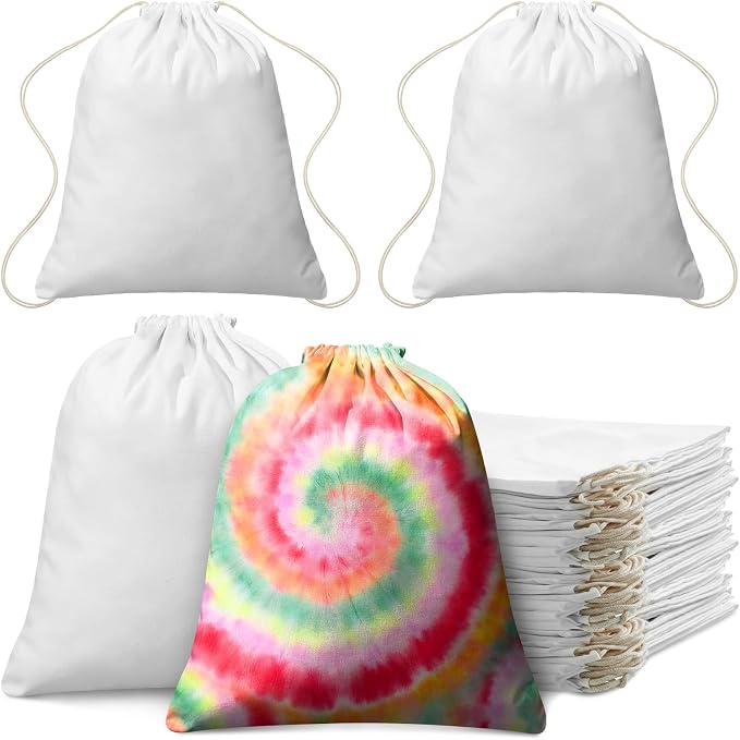 Saintrygo 60 Pcs Tie Dye Cotton Drawstring Bags Bulk, 14"x16" | Blank White Cotton for Sublimation, DIY Party Activities. Bulk Drawstring Backpacks for School Groups, Camps, Crafts by Saintrygo