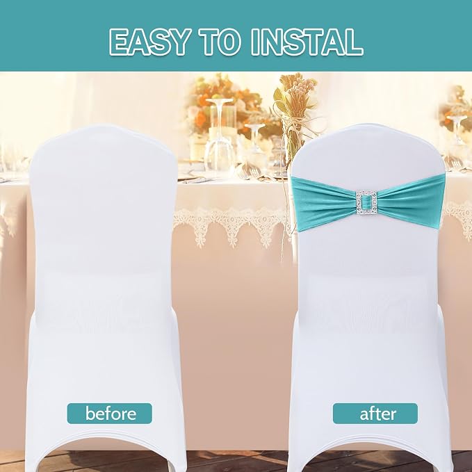Joccun 60 PCS Spandex Chair Sashes Bows Stretch Chair Cover Band with Buckle Slider Universal Elastic Chair Ties for Wedding Banquet Party Event Decoration (Turquoise) - Image 4