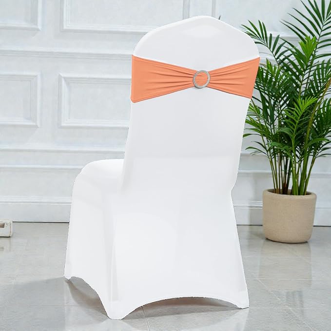 VDS - Peach | Spandex Chair Sashes Bows | 300 PCS | Stretch Elastic Banquet Universal Folding Chair Band Tie with Silver Buckle Slider for Wedding Party Conference Celebration Event Decoration - Image 5