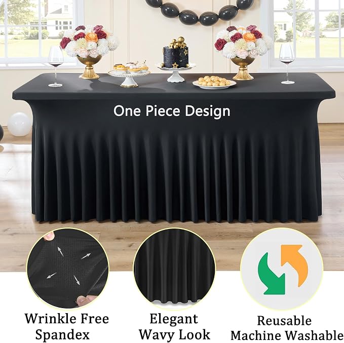 5 Pack Black Spandex Tablecloth for 6 Foot Rectangle Tables, Fitted Table Cloths 6ft Stretchy Table Cover Desk Skirt for Parties Weddings Birthday Banquet Graduation Metting Baby Shower - Image 3