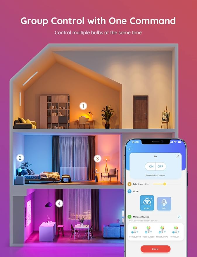 Govee Smart Light Bulbs, WiFi Bluetooth Color Changing Bulbs, Music Sync, 54 Dynamic Scenes, 16 Million DIY Colors RGB Light Bulbs, Work with Alexa, Google Assistant, 800 Lumen, 8 Pack