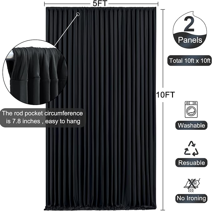 10ft x 10ft Black Backdrop Curtain for Parties Black Wrinkle Free Backdrop Drapes Panels for Birthday Party Wedding Photo Photography Polyester Fabric Background Decoration - Image 6