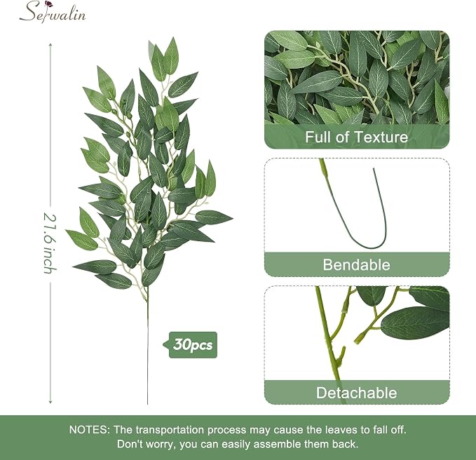 Serwalin 30Pcs Italian Ruscus Greenery Stems Artificial Greenery Leaves, 21.6'' Fake Plants Vines Hanging Garland for Wedding Arch Bouquet Table Centerpieces Home Decor (Pack of 2) - Image 4