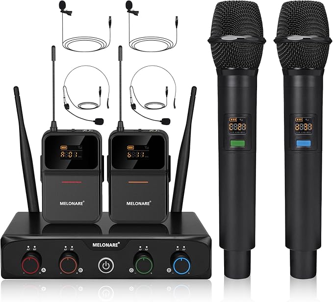 4-Channel Wireless Microphone System,UHF Cordless Mic Set w/ 4x10 Frequencies, 200ft, 2 Handheld Dynamic Mics, 2 Bodypacks & Headset/Lapel Microphones for Singing, Karaoke, DJ (MWM-41-2H2B)