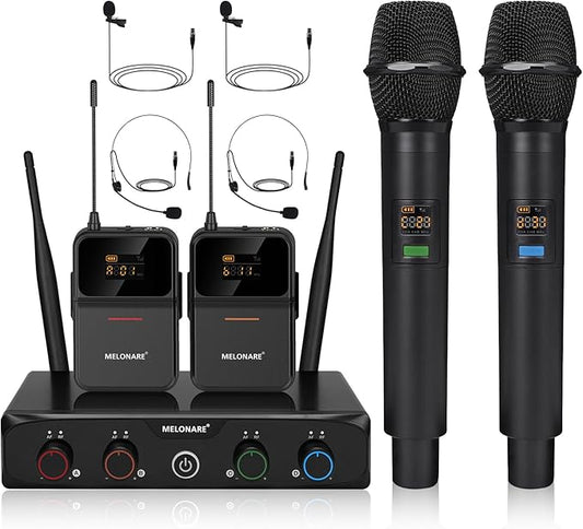 4-Channel Wireless Microphone System,UHF Cordless Mic Set w/ 4x10 Frequencies, 200ft, 2 Handheld Dynamic Mics, 2 Bodypacks & Headset/Lapel Microphones for Singing, Karaoke, DJ (MWM-41-2H2B)
