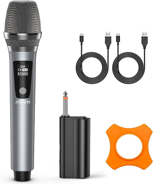 JYX Wireless Microphone, Professional UHF Metal Handheld Dynamic Mic System with Rechargeable Receiver 1/4''(6.35mm) Plug for Amplifier, PA System, Karaoke Singing, Wedding, Party, Speech, Class
