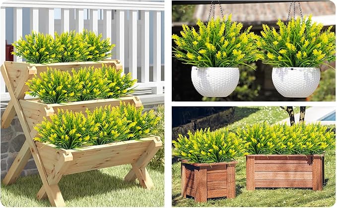 obbsie 12 Bundles Artificial Plants Outdoor, 18.2" UV Resistant Faux Monkey Grass Greenery Stems No Fade Faux Plastic Flowers Shrubs for Home Weddings Garden Porch Front Patio Office Decor - Yellow - Image 5