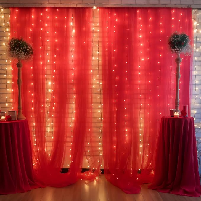 10ft x 8ft Red Backdrop Curtain with Lights String for Parties, Sheer Tulle Wedding Photo Backdrops Drapes for Baby Shower Birthday Party Decorations Background for Photography - Image 7