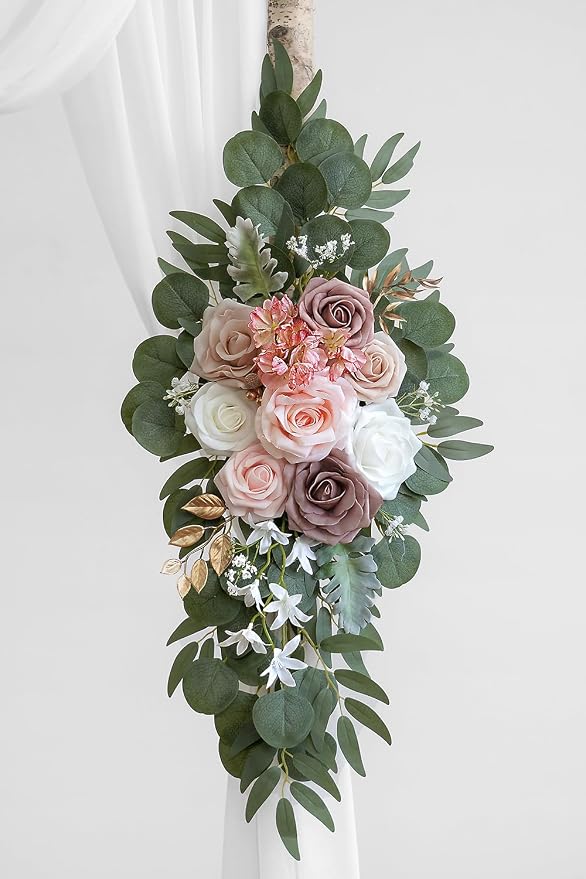 Olalaka Dusty Rose Artificial Wedding Arch Flowers Kit (Pack of 3) with 26Ft White Shiny Arch Draping Fabric for DIY Wedding Party Ceremony Reception Backdrop Floral Decoration - Image 5