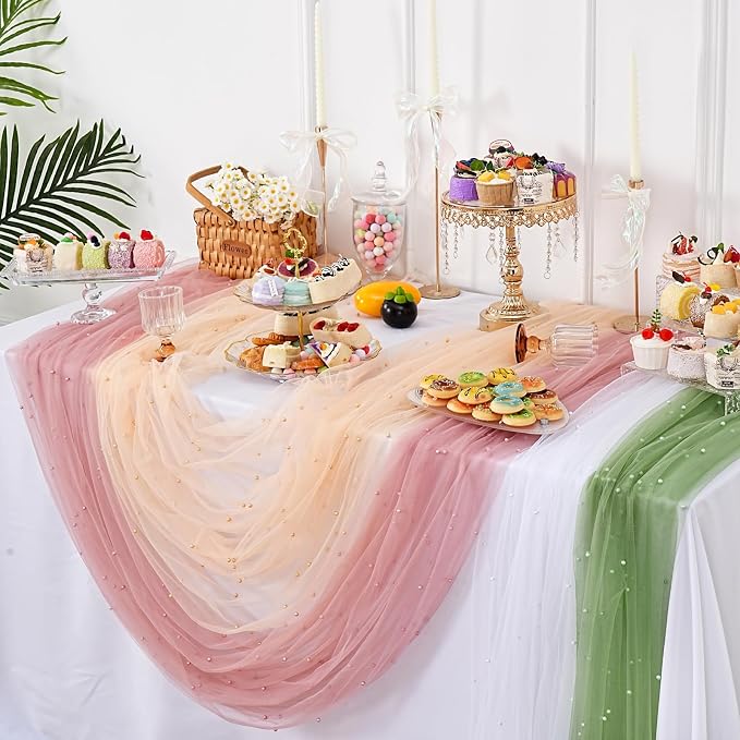 Pearl Gauze Table Runner Sheer Tulle Fabric Set of 6 White Lace Table Decor - Image 6