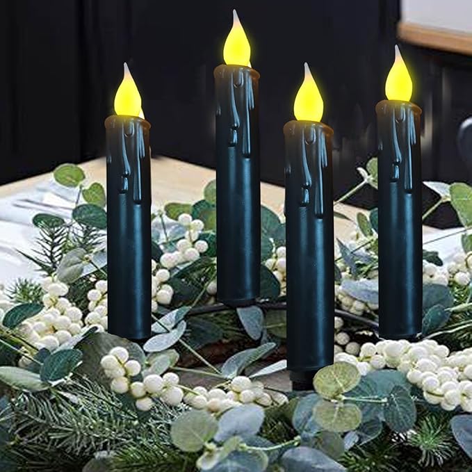 LINCOUNTRY.Primitive Wax Black Flameless Taper Candles Flickering Led Dripped Battery Operated Taper Candles with Timer,6.75 Inch 3D Wick, Christmas Home Halloween Fireplace Decor