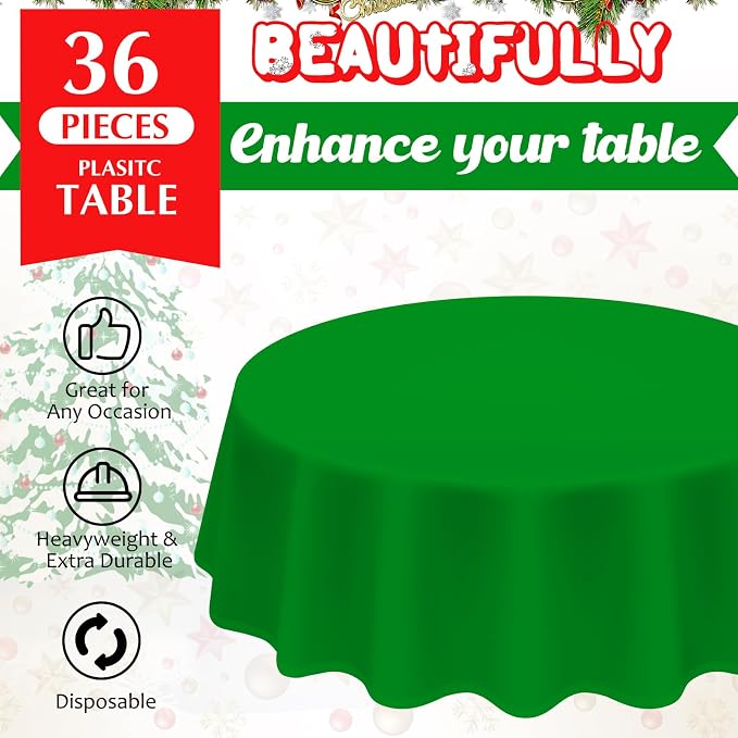 Amylove 36 Pcs Christmas Plastic Tablecloth 84 Inch Round Disposable Plastic Table Cloth Waterproof Decorative Table Cover for Parties Christmas Decor (Red,Green) - Image 4