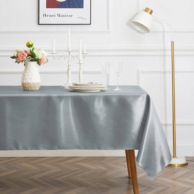 1 Pack Silver Satin Tablecloth, 58 x 102 Inches Rectangle Silver Table Cover, Smooth Fabric Satin Table Cloths, Luxury Silk Tablecloth for Party Wedding Dinner Restaurant