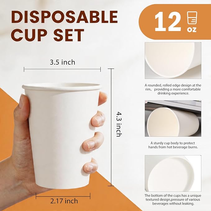 MOUMOULIFE Disposable Paper Coffee Cups 12 oz 1000 Count Bulk, Leak-Proof White Hot/Cold Cups for Office, Party, Home, Travel, Business Events - Image 2