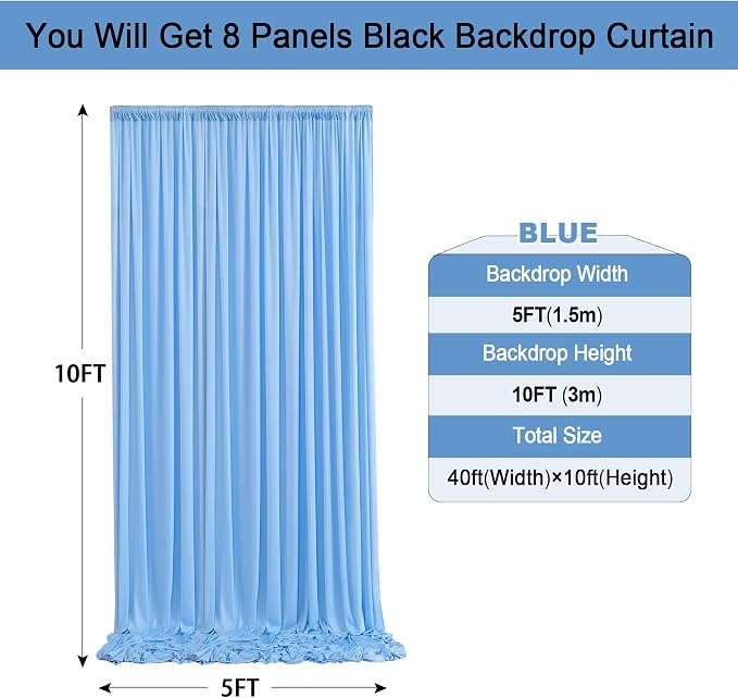 40ft x 10ft Wrinkle Free Baby Blue Backdrop Curtain for Boy Birthday Party,8 Panels 5×10ft Soft Silky Polyester Blue Photo Backdrop Drapes for Baby Shower Gender Reveal Wedding Photography - Image 5