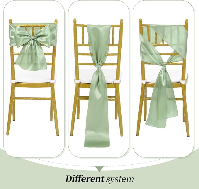 YMHPRIDE 60 PCS Sage Green Satin Chair Sashes,Ties Bows Designed Chair Sashes for Wedding Party Baby Shower Banquet Restaurant Hotel Folding Chairs Decoration(Sage Green,7x78 inch) - Image 4