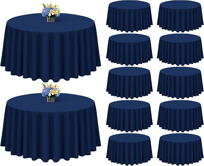 Showgeous 12 Pack Navy Blue Polyester 120 Inch Round Tablecloths | Soft polyester, wrinkle resistant, fade resistant, smooth finish, fine stitching, folded hems, reusable, machine washable by Showgeous