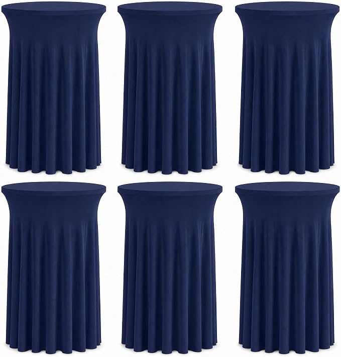 Fivenl 6 Pack Round Cocktail Tablecloth 32"x 43" Spandex Cocktail Table Skirt, Washable Stretch Fitted Table Covers for High Top Bar,Wedding,Party,Events (Navy Blue) by Fivenl