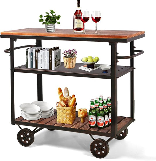 Farmhouse Mobile Cart with Wheels for Home Kitchen Industrial Rolling Food Cart Outdoor Vintage Wood and Metal Design Utility Cart in Office Coffee House 3 Tier with 2 Side Handle