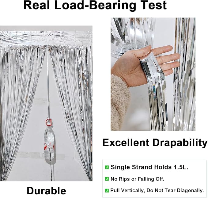 2 Pack Thickened Silver Metallic Foil Fringe Curtains Streamer Rip Resistant Shimmer Tinsel Photo Booth Backdrop for Birthday Wedding Christmas Bachelorette Party Decorations 3.28ft x 6.56ft