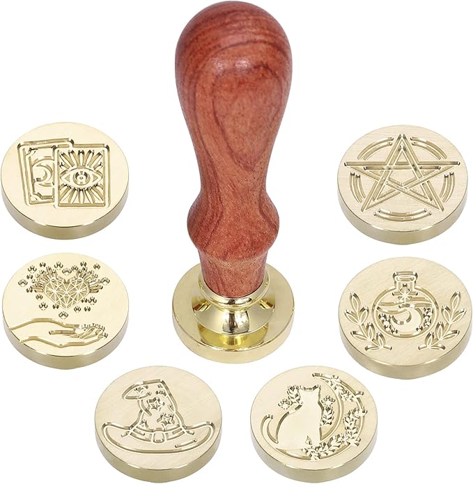 Yoption Wax Seal Stamp Gift Box Set, 6 Pieces Wiccan Copper Sealing Wax Stamp Heads + 1 Wooden Hilt for Invitations Letter Cards Envelopes Witchcraft