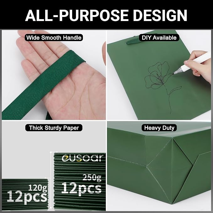 EUSOAR Paper Gift Bags with Handles, 12pcs 7.8"x3.9"x11" Green Gift Wrap Bags Bulk, Merchandise Grocery Craft Retail Shopping Wedding Birthday Christmas Holiday Party Favor Thank You Paper Bags - Image 3