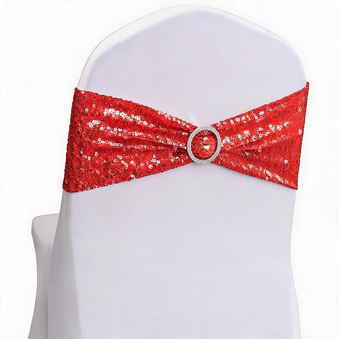 Double-Sided Sequins Red Chair Sashes for Wedding Decor, Red Sequin Chair Bands with Silver Buckles, Sequin Chair Sashes Bows for Party Ceremony Event Chair Decorations - 50 Pack by ZSJFMF