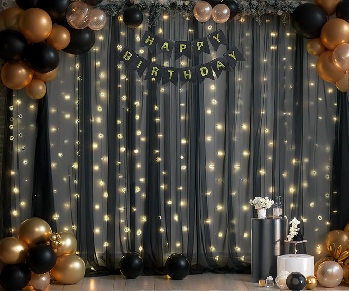 Black Sheer Backdrop Curtains with Lights String for Parties Birthday 10ft × 8ft Black Tulle Backdrop Curtain for Baby Shower Wedding Graduation Halloween Party Photo Shoot Decorations - Image 2