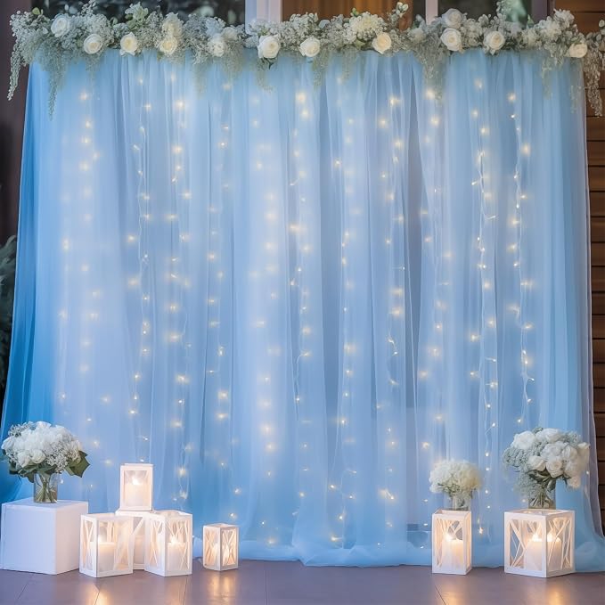 20ft x 8ft Blue Backdrop Curtain Panels with Lights String for Parties, Sheer Tulle Wedding Backdrop Drapes for Baby Shower Birthday Party Home Decorations - Image 4