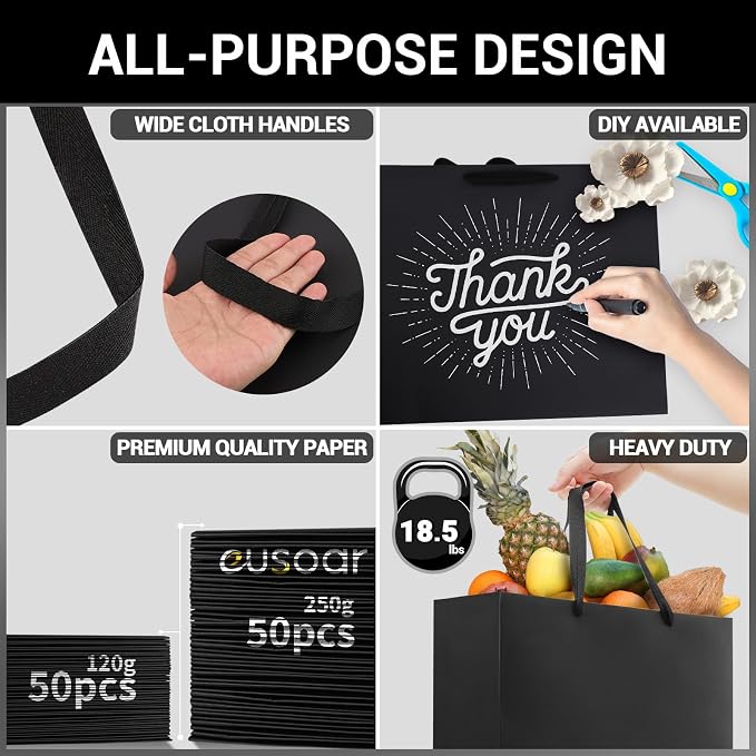 EUSOAR Exra Large Gift Wrap Bags Bulk, 50 Pack 16x6x12 inches Black Paper Heavy Duty Bags with Handles, for Business, Grocery, Boutique, Retail, Wedding, Party Favors, Baby Showers, Birthdays - Image 3