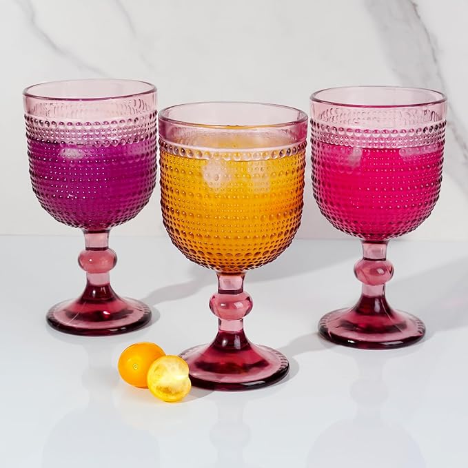 12 oz Purple Vintage Wine Glasses,Hobnail Drinking Glasses Set of 4,Embossed Goblet Glasses for Wedding,Party, Dinner,Bar