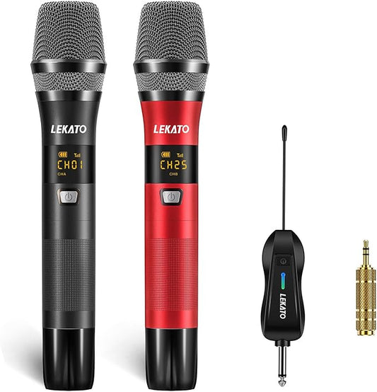 LEKATO Wireless Microphone Rechargeable Wireless Microphones with Receiver Dual Handheld Microphone System Dynamic MIC for Singing, Speech, Wedding, Church,Speaker, PA System