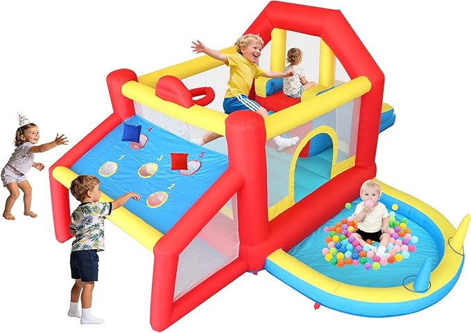 9 in 1 Inflatable Bounce House Kid Trampoline with Tall Slide, Ball Pit Pool, Skill Soccer, Throwing Sandbags Game, for Home Party or Outdoor Ages 3-10 with 520W Blower 190"x138"x76"