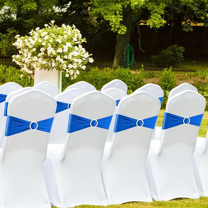 Royal Blue Chair Sashes 100 Pack Spandex Stretch Chair Band Sashes with Buckles for Folding Chairs Wedding Party Reception Baby Shower Events Banquet Decorations - Image 6