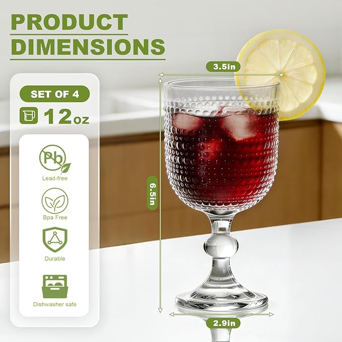 Clear Wine Glasses Set of 4, 12oz Vintage Goblet Glasses, Embossed Glass Cups Hobnail Glassware for Weddings, Dinners, and Holiday Gifting