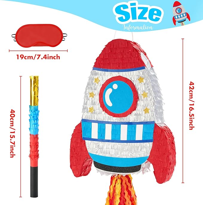 WERNNSAI Rocket Piñata - Rocket Ship Pinata Bundle with Blindfold and Bat Space Birthday Party Decoration for Boys Kids Family Games Piñata Space Ship Theme Party Supplies