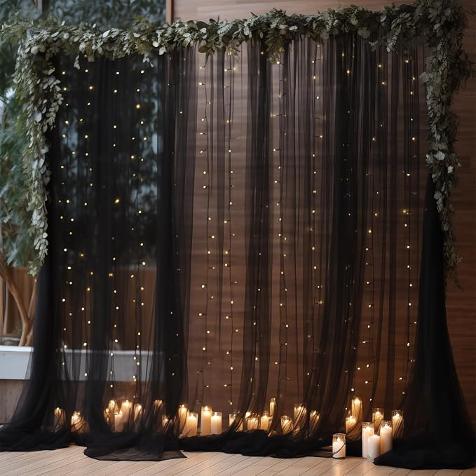 10ft x 8ft Black Backdrop Curtain with Lights String for Parties, Sheer Tulle Wedding Photo Backdrops Drapes for Baby Shower Birthday Party Decorations Background for Photography by Shillance