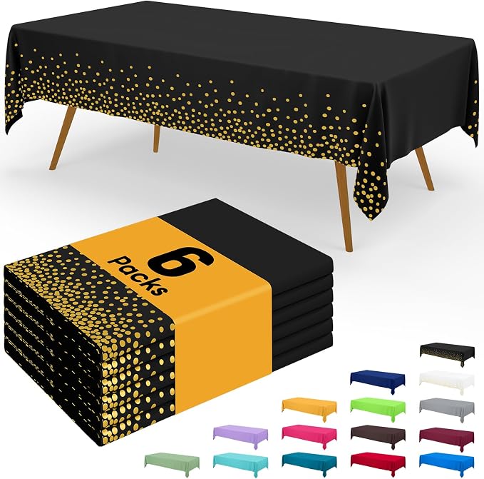 Smiry Disposable Table Cloth - 6 Pack, 54 x 108 Inch Waterproof Rectangle Tablecloths for Parties, Decorative Plastic Table Cover, Leakproof & Sturdy, Black & Gold by Smiry
